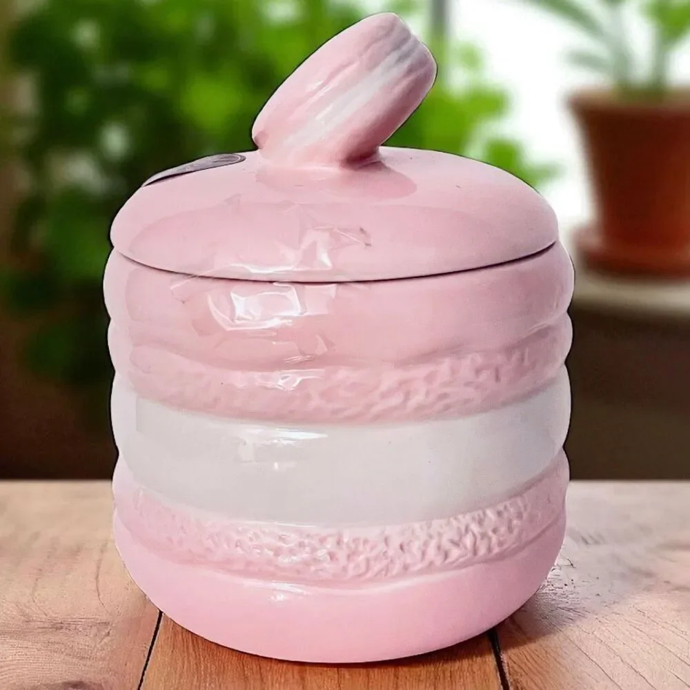 NWT LUNA & SAGE Gorgeous Macaron Pink White Glossy Ceramic 7”Canister Jar w Lid